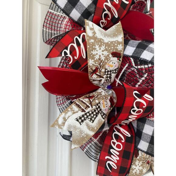 Buffalo Plaid Check Let it Snow Snowman Mesh Ribbon Christmas Wreath & Garland - Picture 6 of 10
